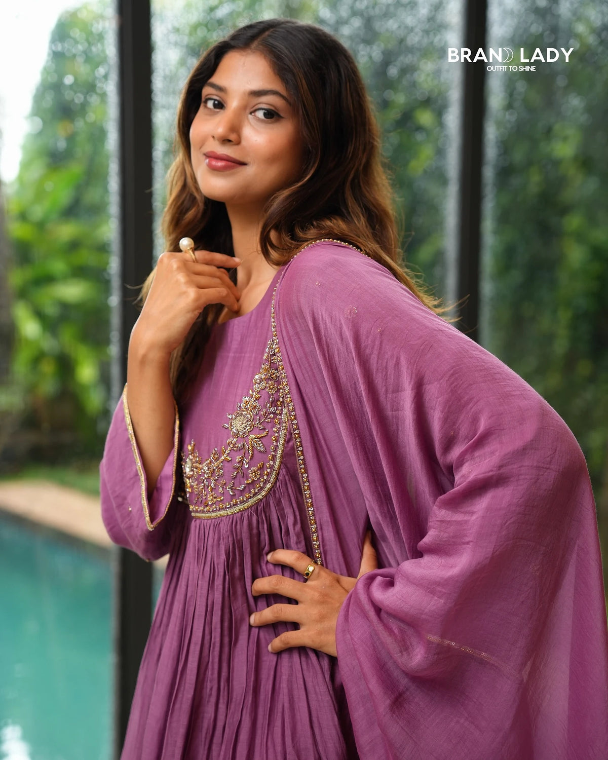 Mauve Chanderi Gathered Yoke Suit with Zardosi Work