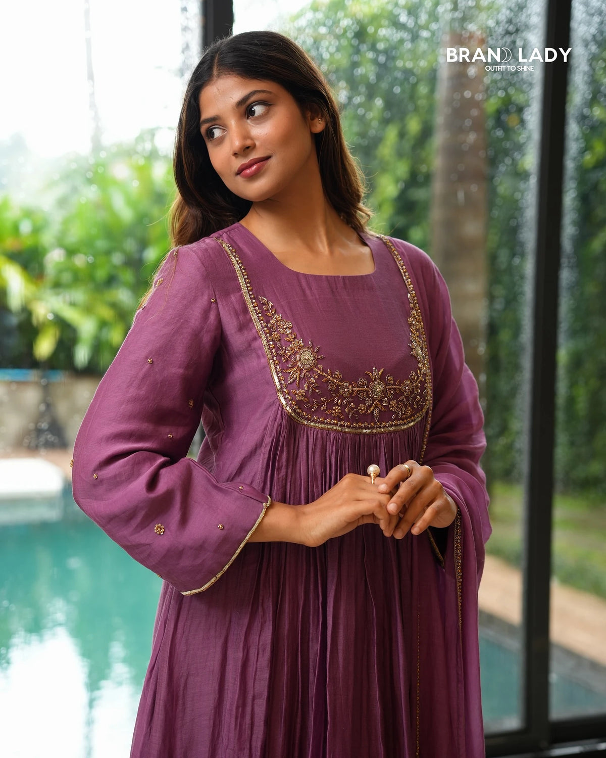 Mauve Chanderi Gathered Yoke Suit with Zardosi Work