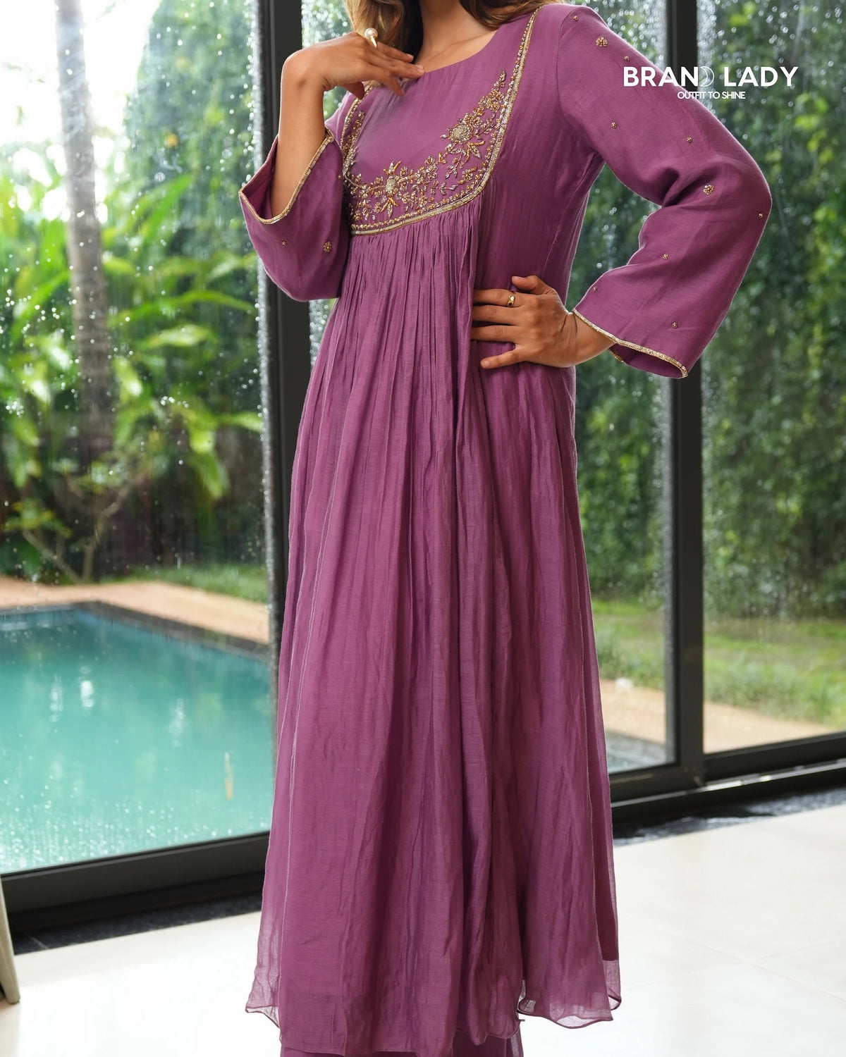 Mauve Chanderi Gathered Yoke Suit with Zardosi Work
