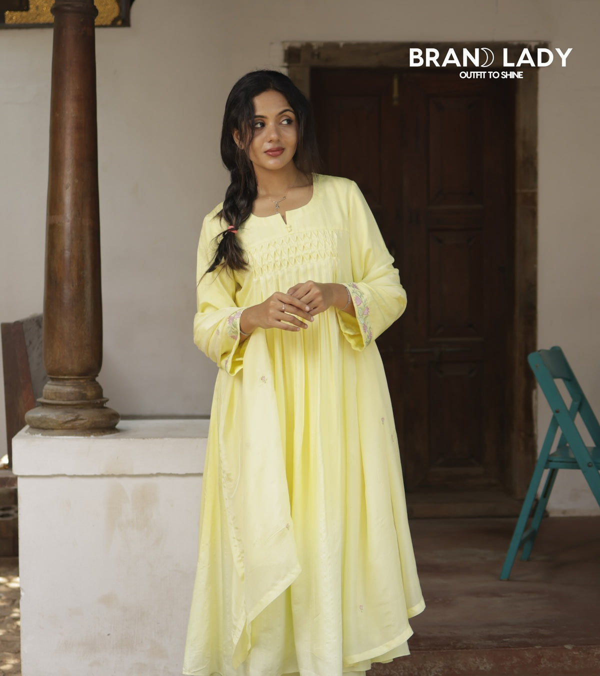 Muslin & Crepe Silk A-line Suit with Pink & Green Embroidery