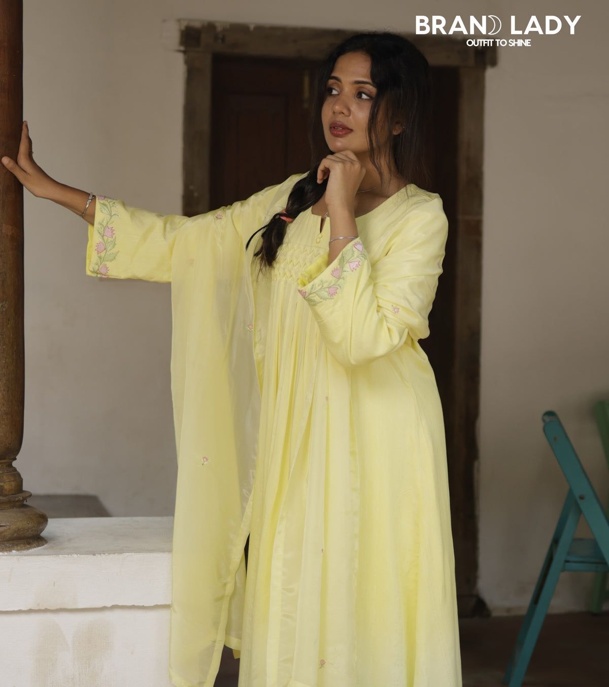 Muslin & Crepe Silk A-line Suit with Pink & Green Embroidery