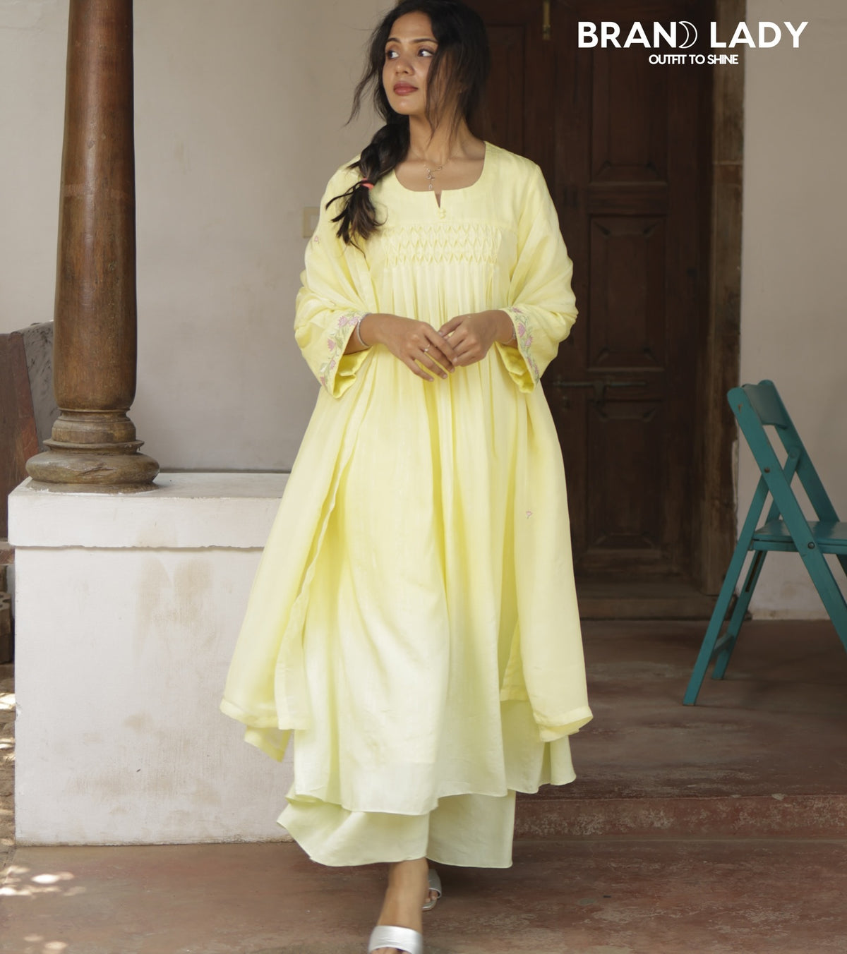 Muslin & Crepe Silk A-line Suit with Pink & Green Embroidery