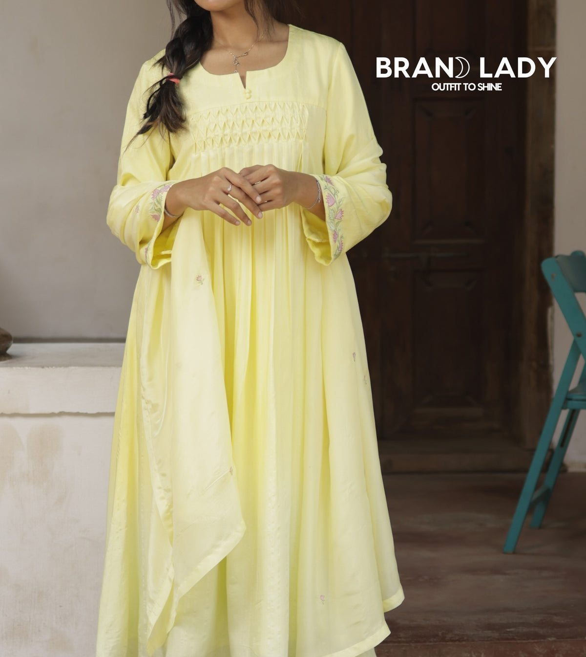 Muslin & Crepe Silk A-line Suit with Pink & Green Embroidery