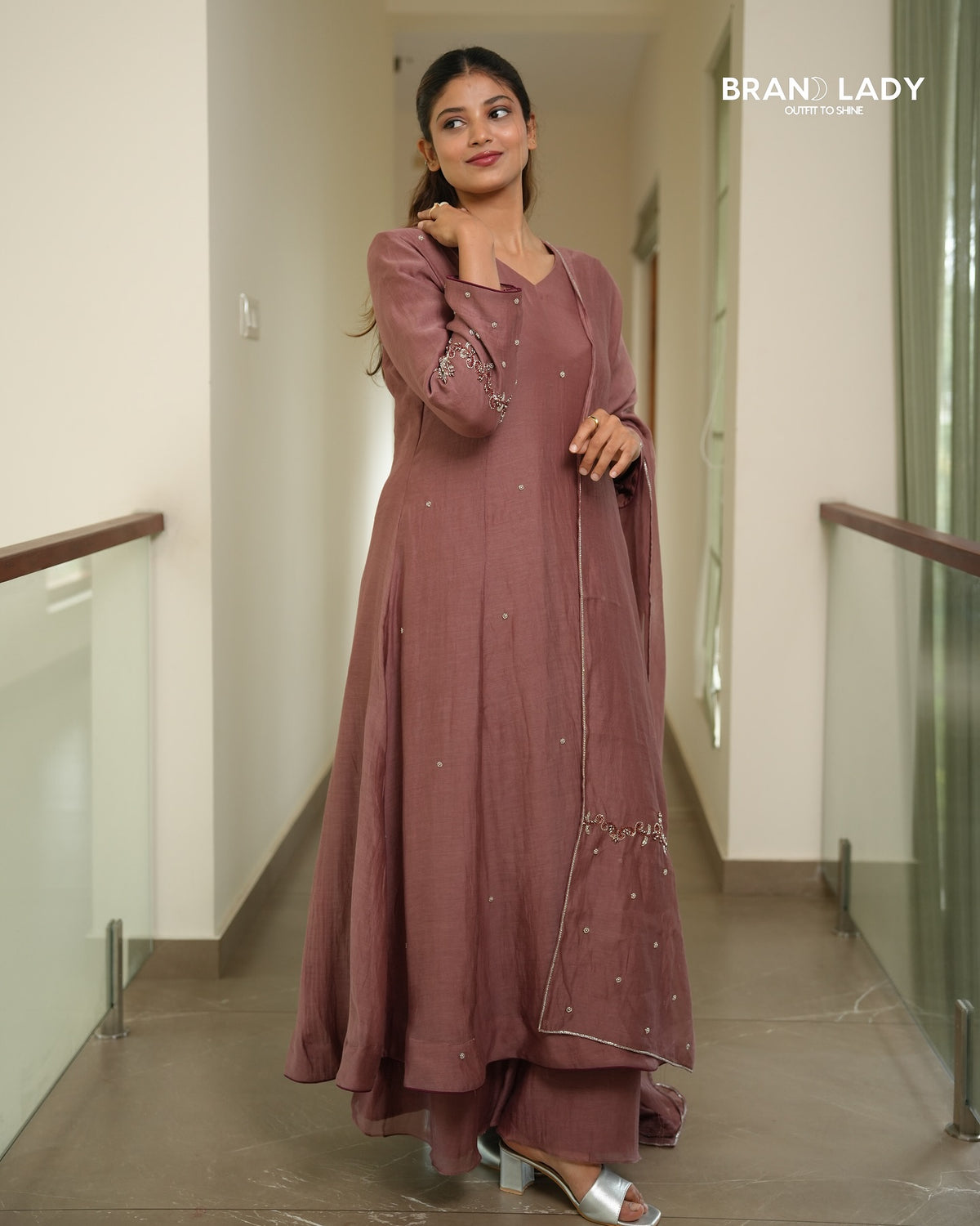 Muted Mauve Chanderi Salwar Set with Silver & Red Handwork