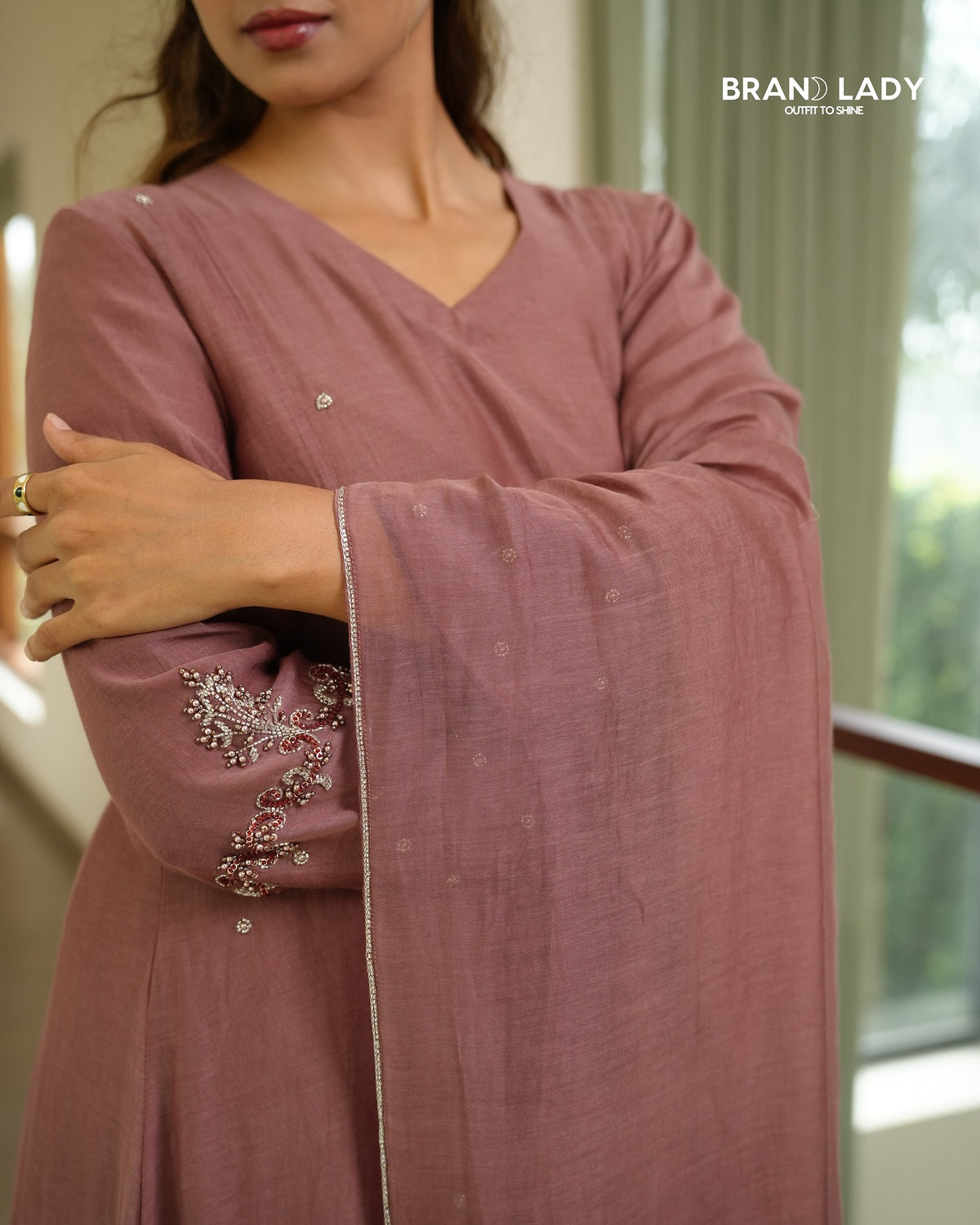 Muted Mauve Chanderi Salwar Set with Silver & Red Handwork