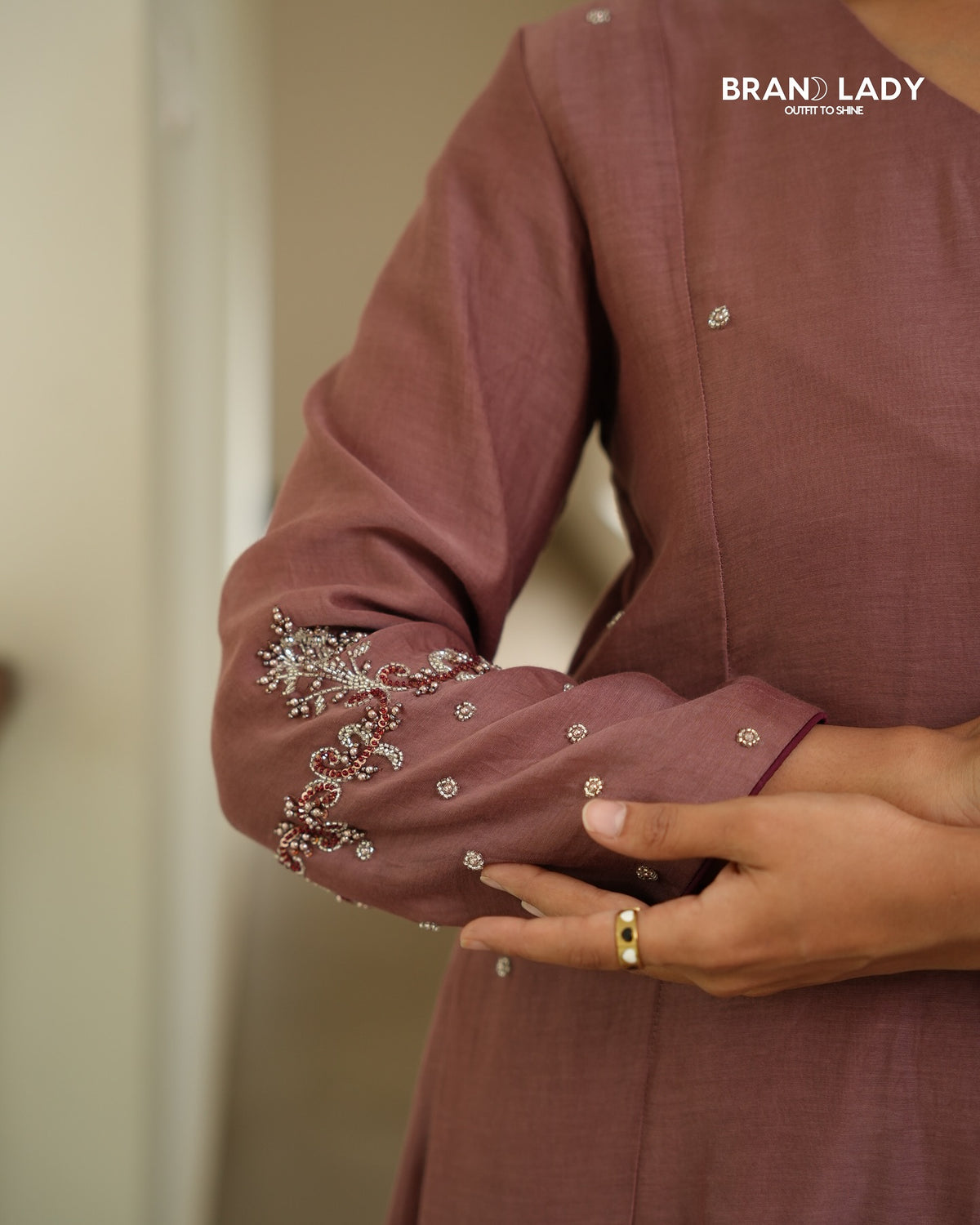 Muted Mauve Chanderi Salwar Set with Silver & Red Handwork