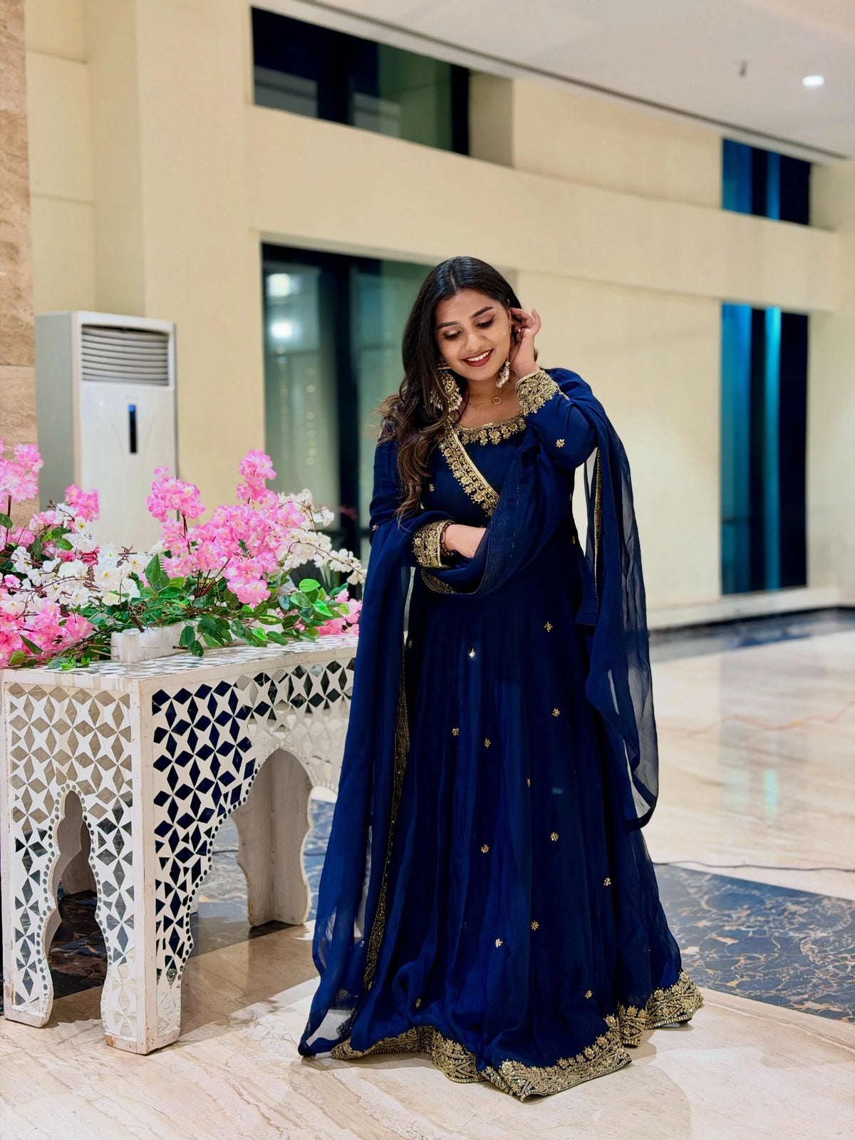 Navy Blue Organza Suit with Gold Handwork