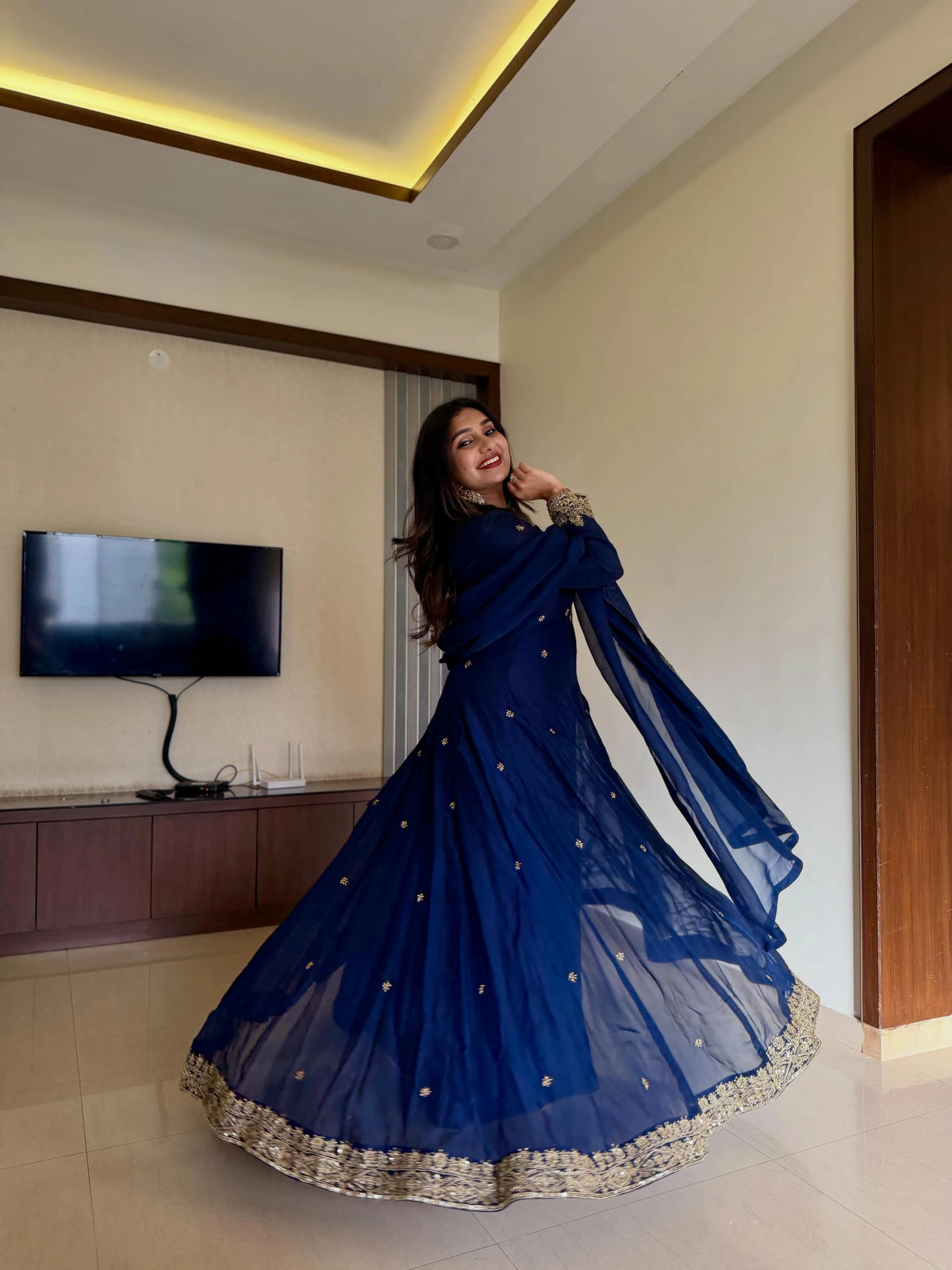 Navy Blue Organza Suit with Gold Handwork