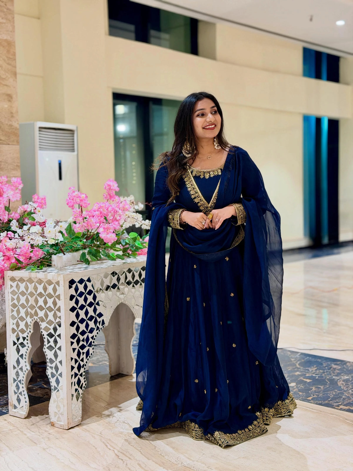 Navy Blue Organza Suit with Gold Handwork