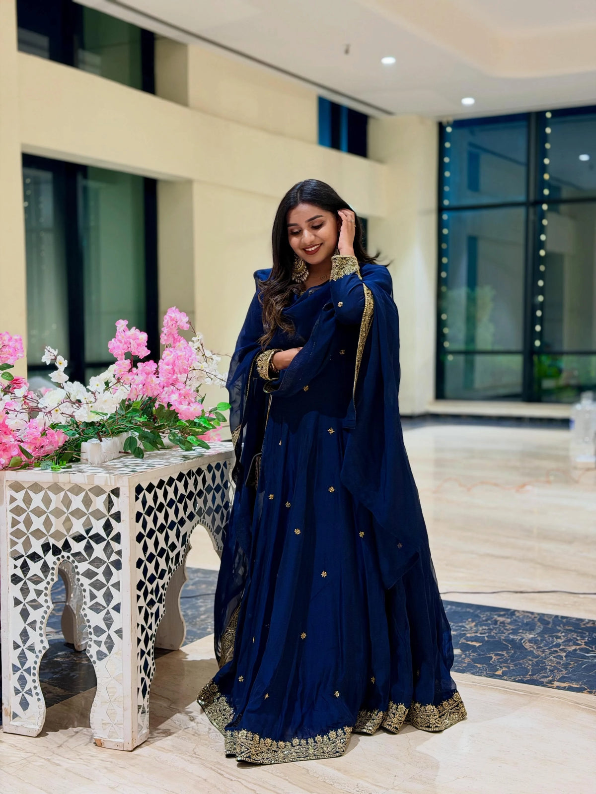 Navy Blue Organza Suit with Gold Handwork