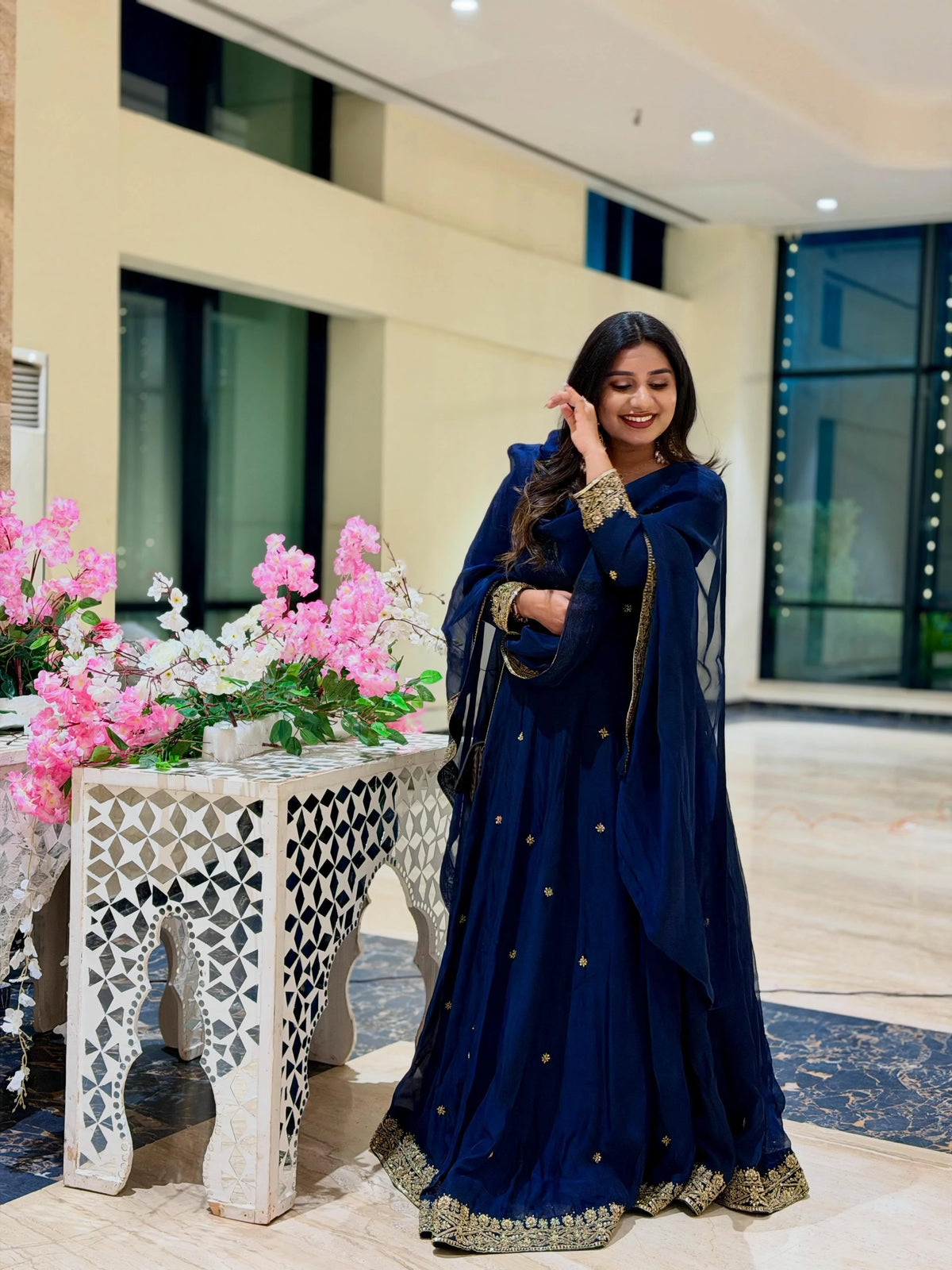 Navy Blue Organza Suit with Gold Handwork