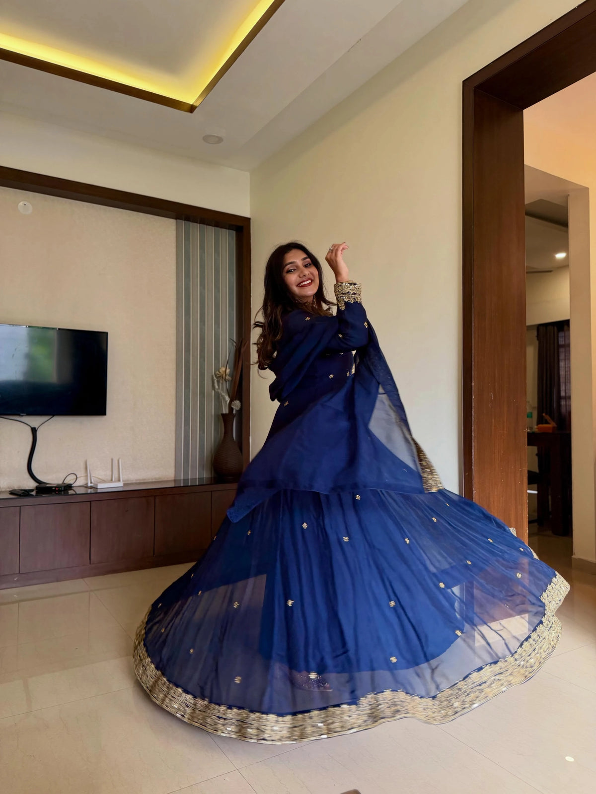 Navy Blue Organza Suit with Gold Handwork