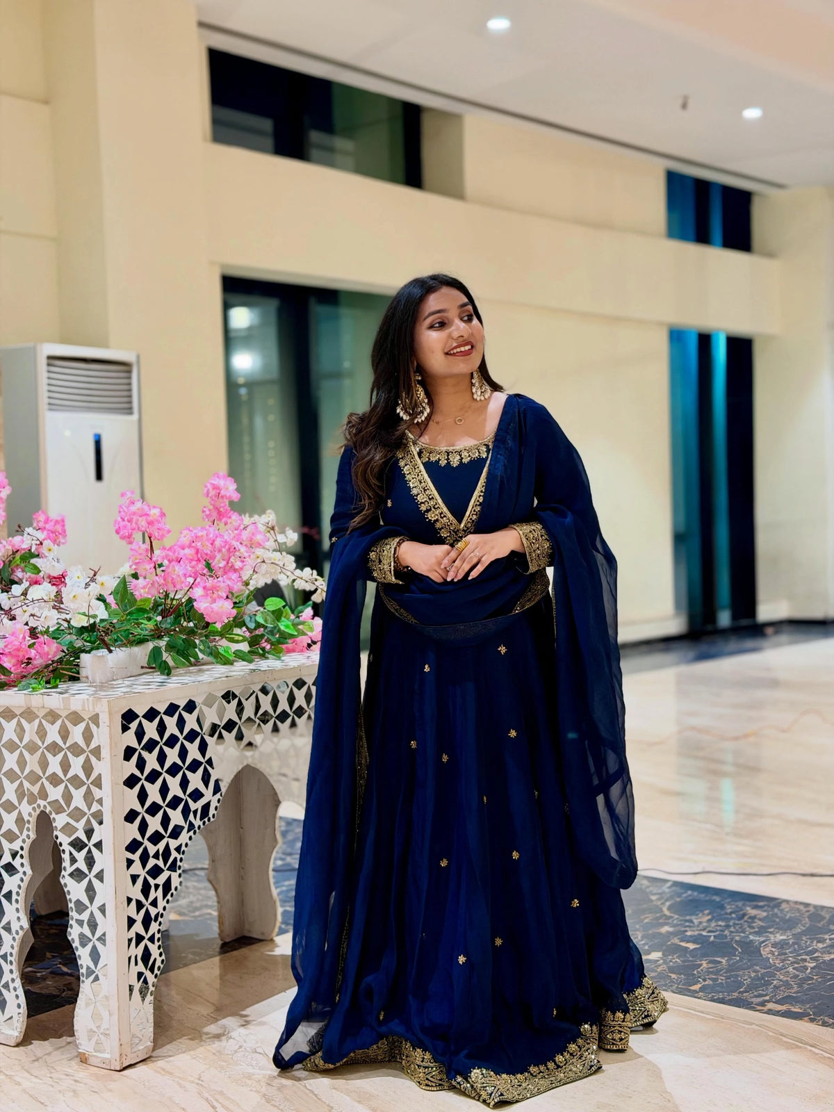 Navy Blue Organza Suit with Gold Handwork