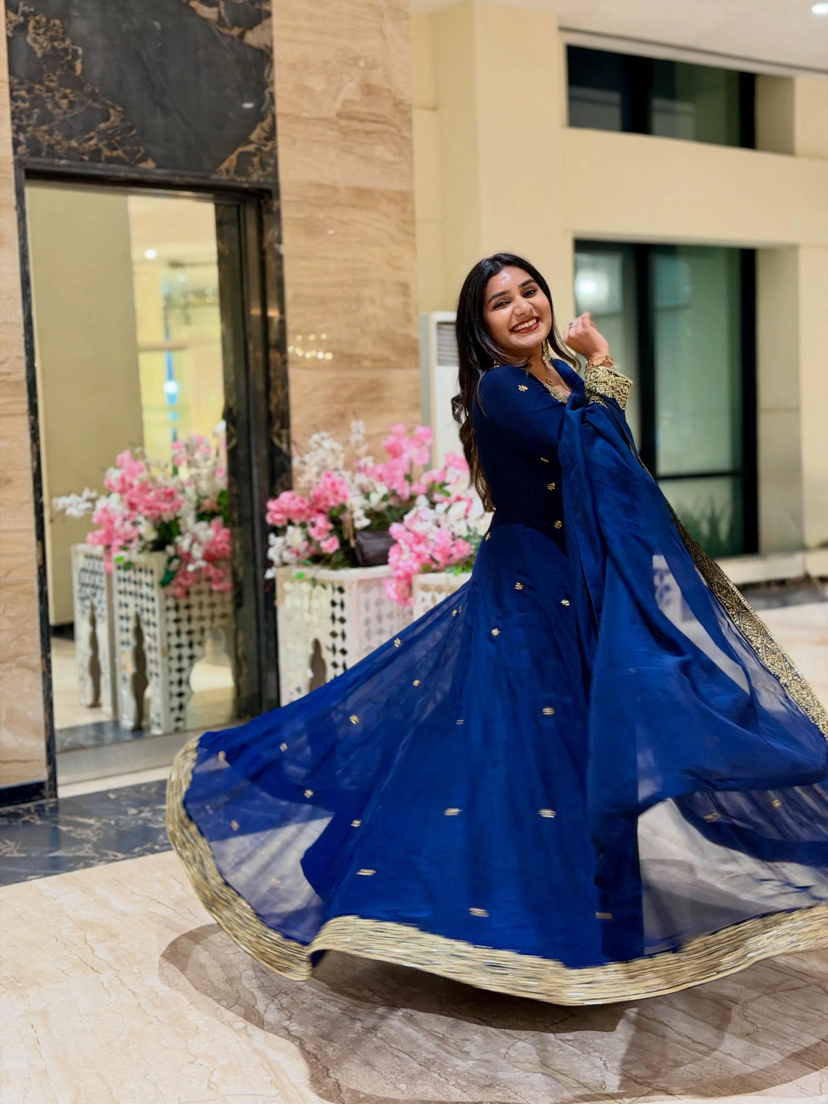 Navy Blue Organza Suit with Gold Handwork