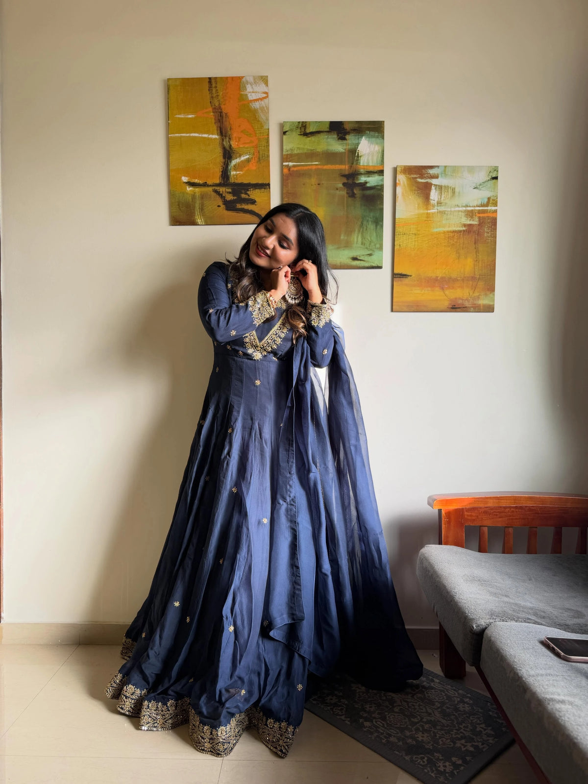 Navy Blue Organza Suit with Gold Handwork