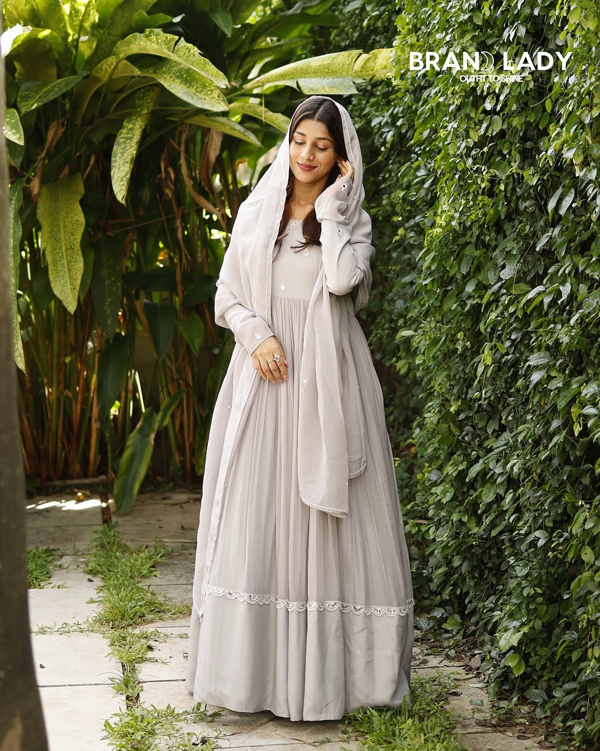 Nimbus Cloud Organza Suit with Lace & Mirror Work