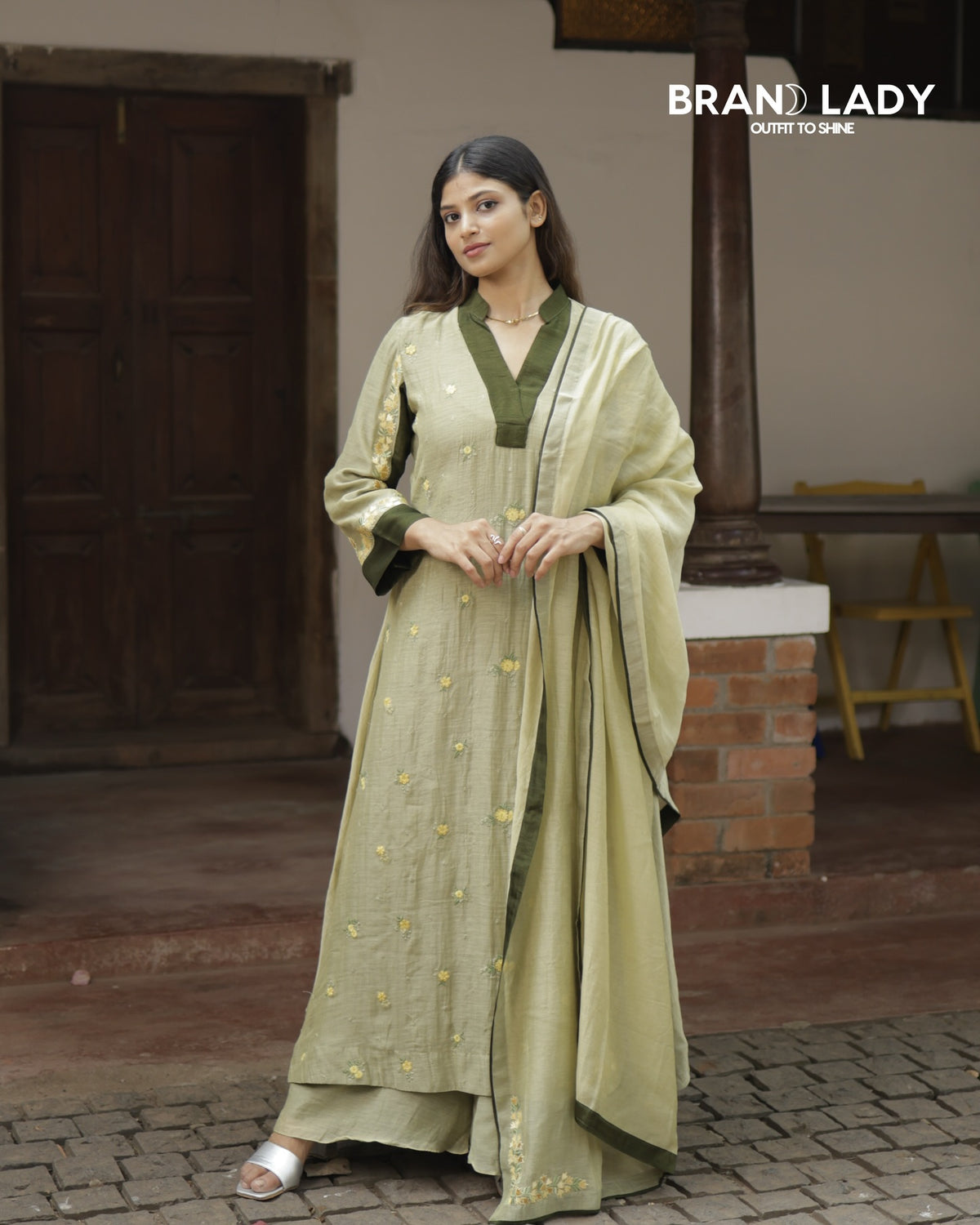 Pale Green Chanderi A-line Suit with Yellow Embroidery