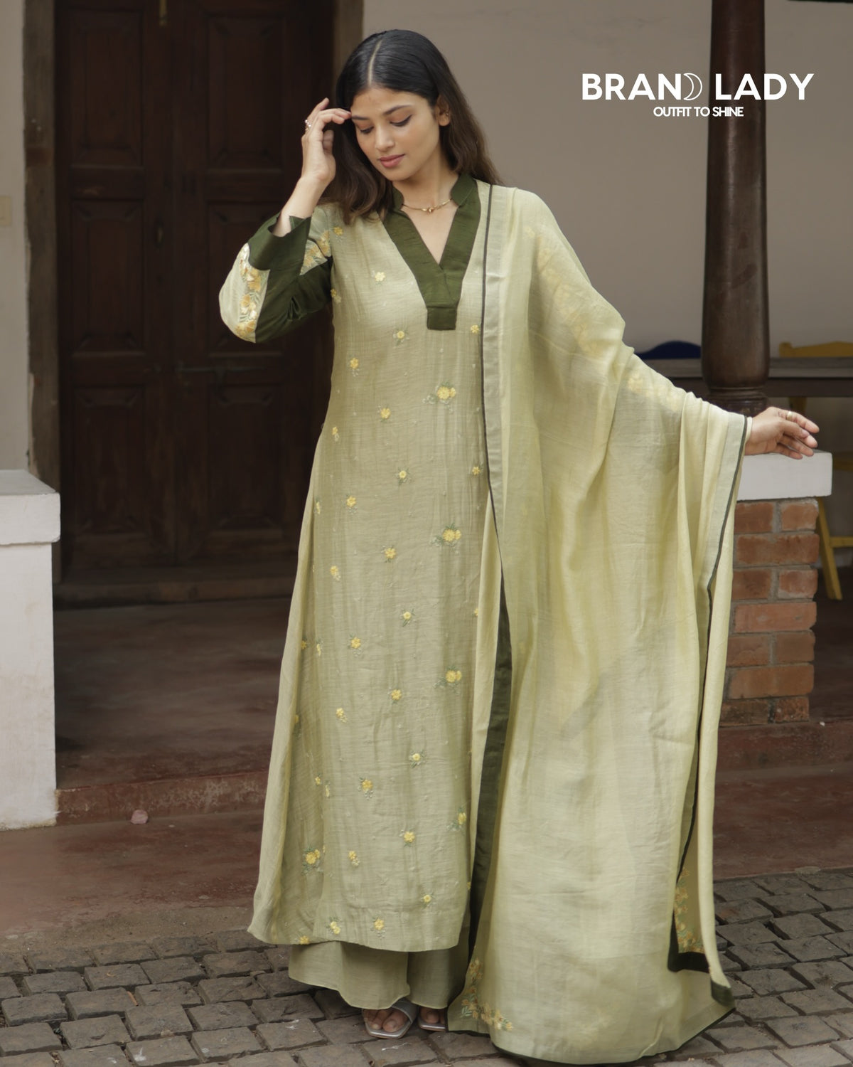 Pale Green Chanderi A-line Suit with Yellow Embroidery