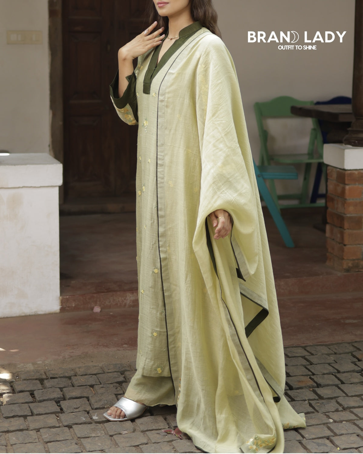 Pale Green Chanderi A-line Suit with Yellow Embroidery