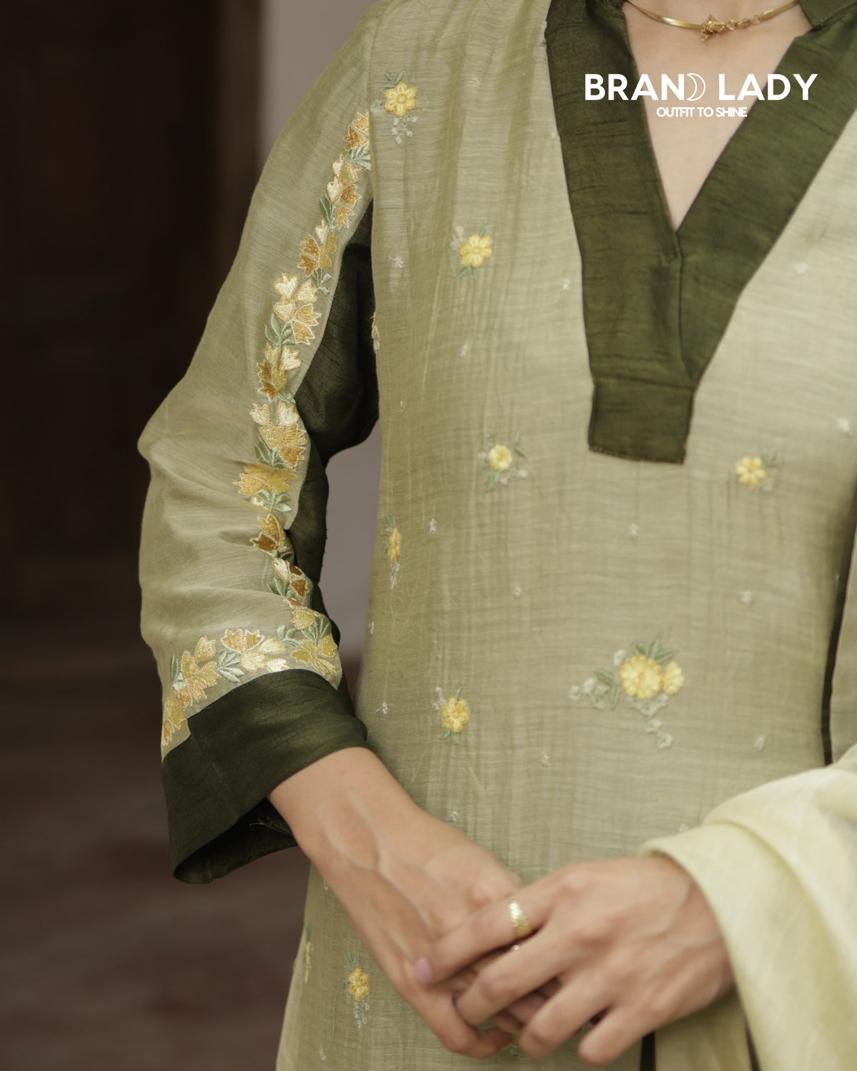 Pale Green Chanderi A-line Suit with Yellow Embroidery