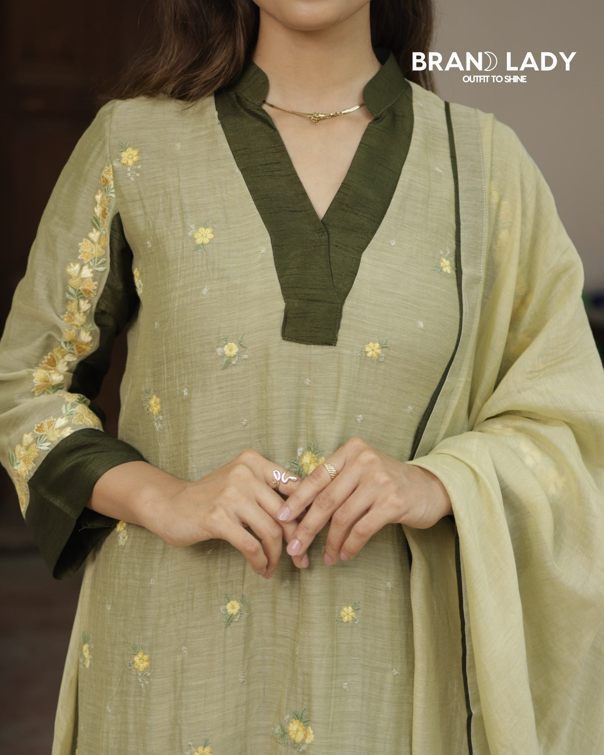 Pale Green Chanderi A-line Suit with Yellow Embroidery