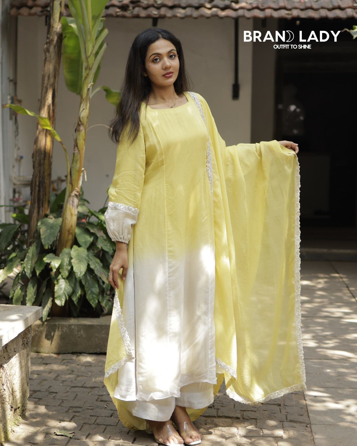 Pale Yellow & Ivory Organza A-line Suit with Lace Work