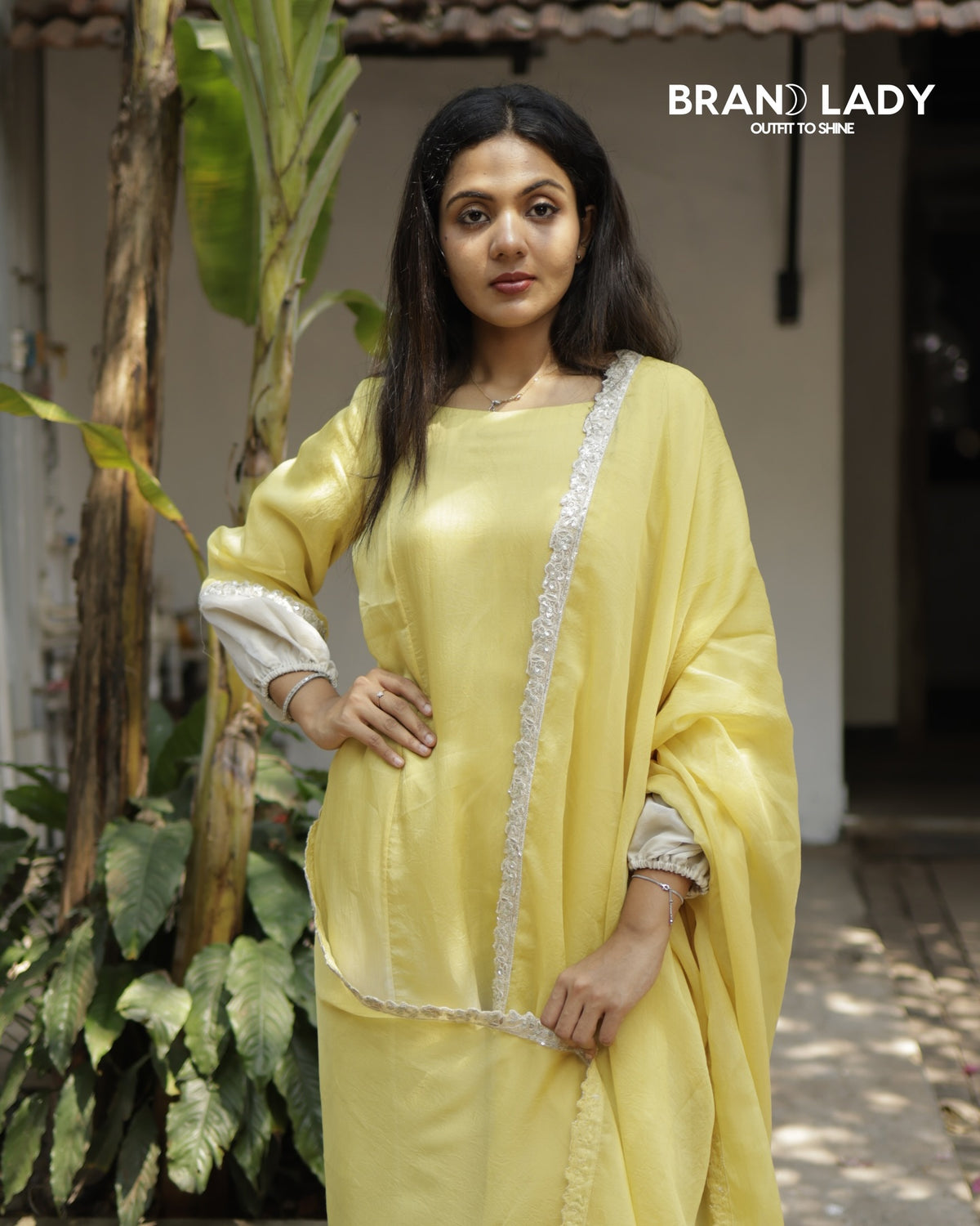Pale Yellow & Ivory Organza A-line Suit with Lace Work