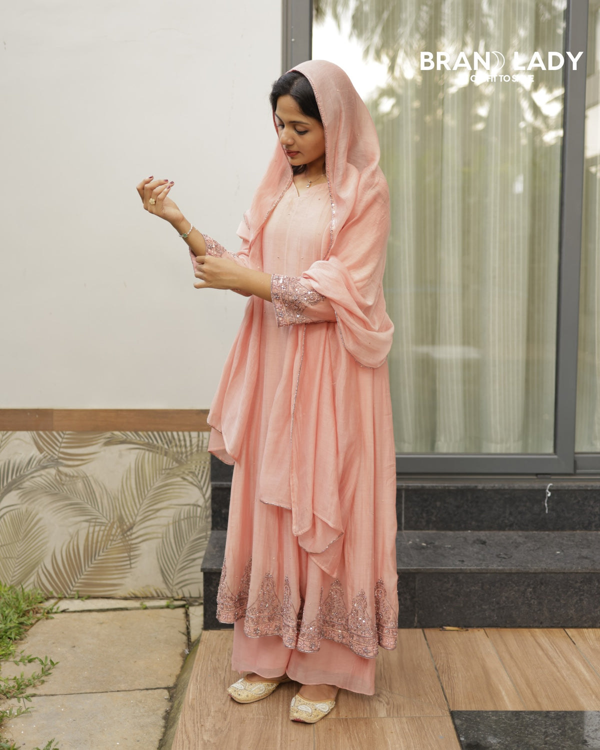 Peach Bud Organza Anarkali with Sequin & Beadwork