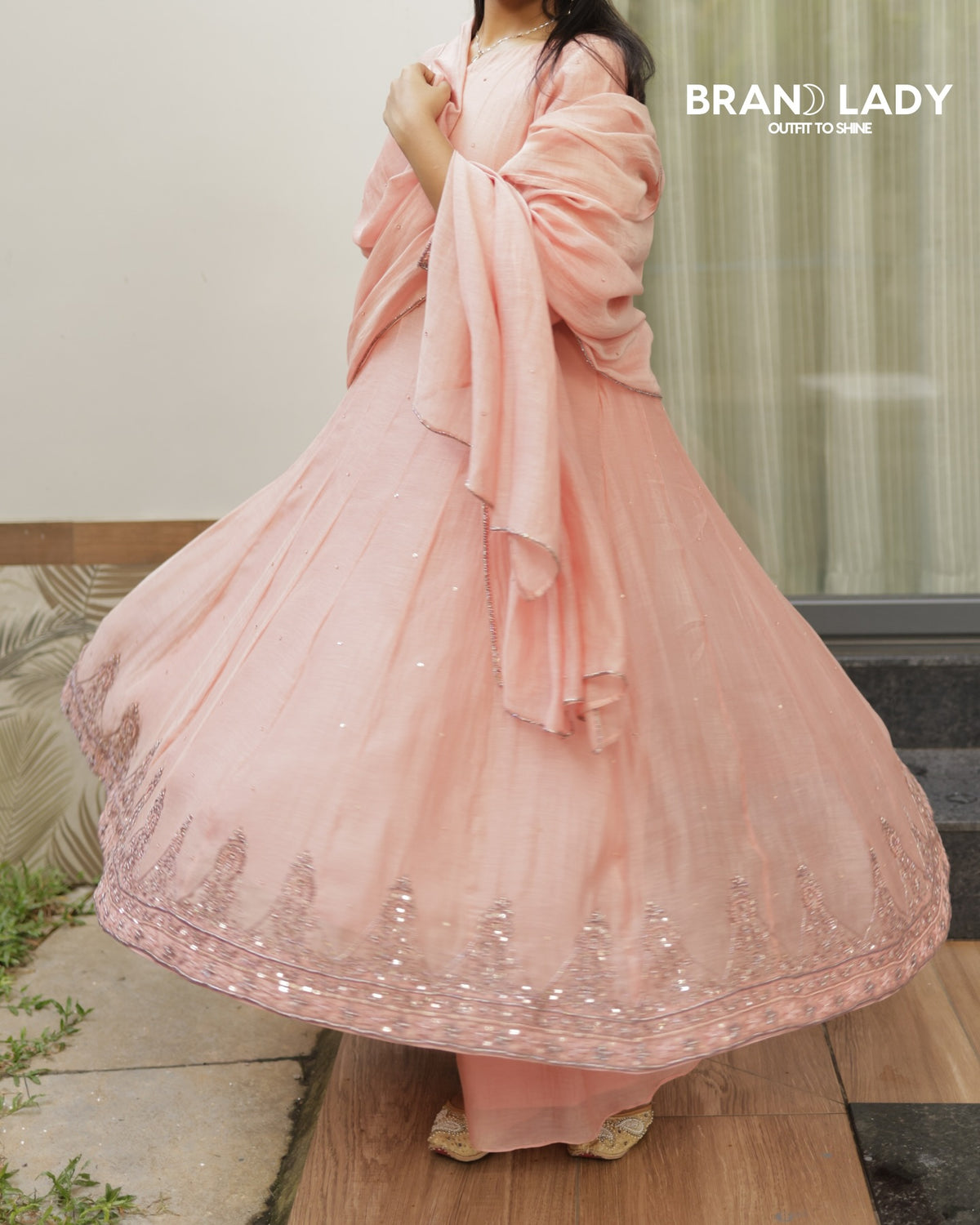 Peach Bud Organza Anarkali with Sequin & Beadwork