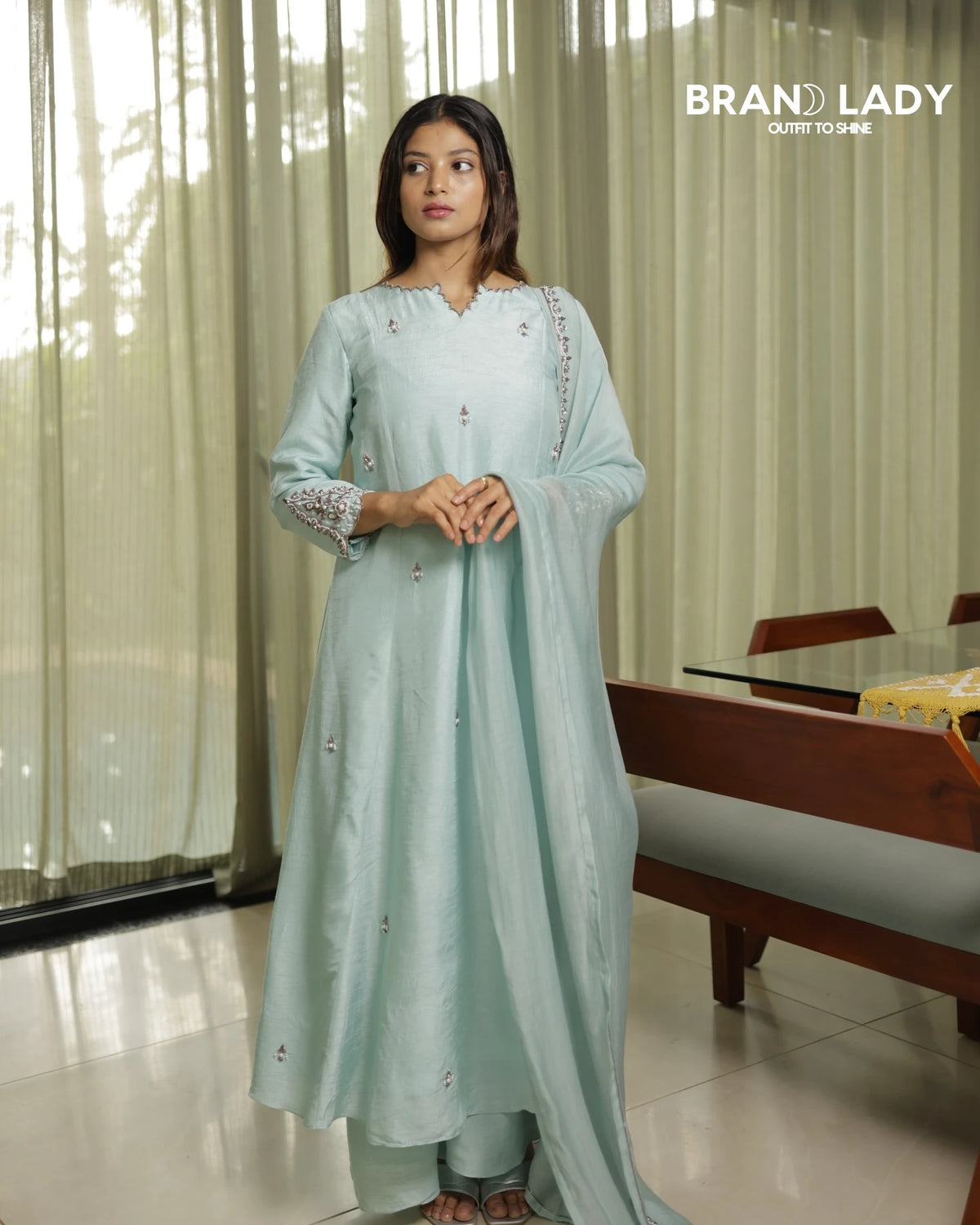 Powder Blue Dola Silk Suit with Antique Gold Handwork