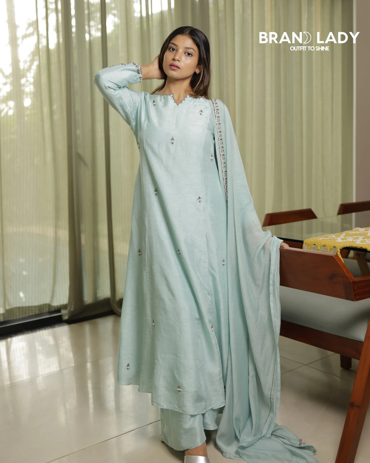 Powder Blue Dola Silk Suit with Antique Gold Handwork