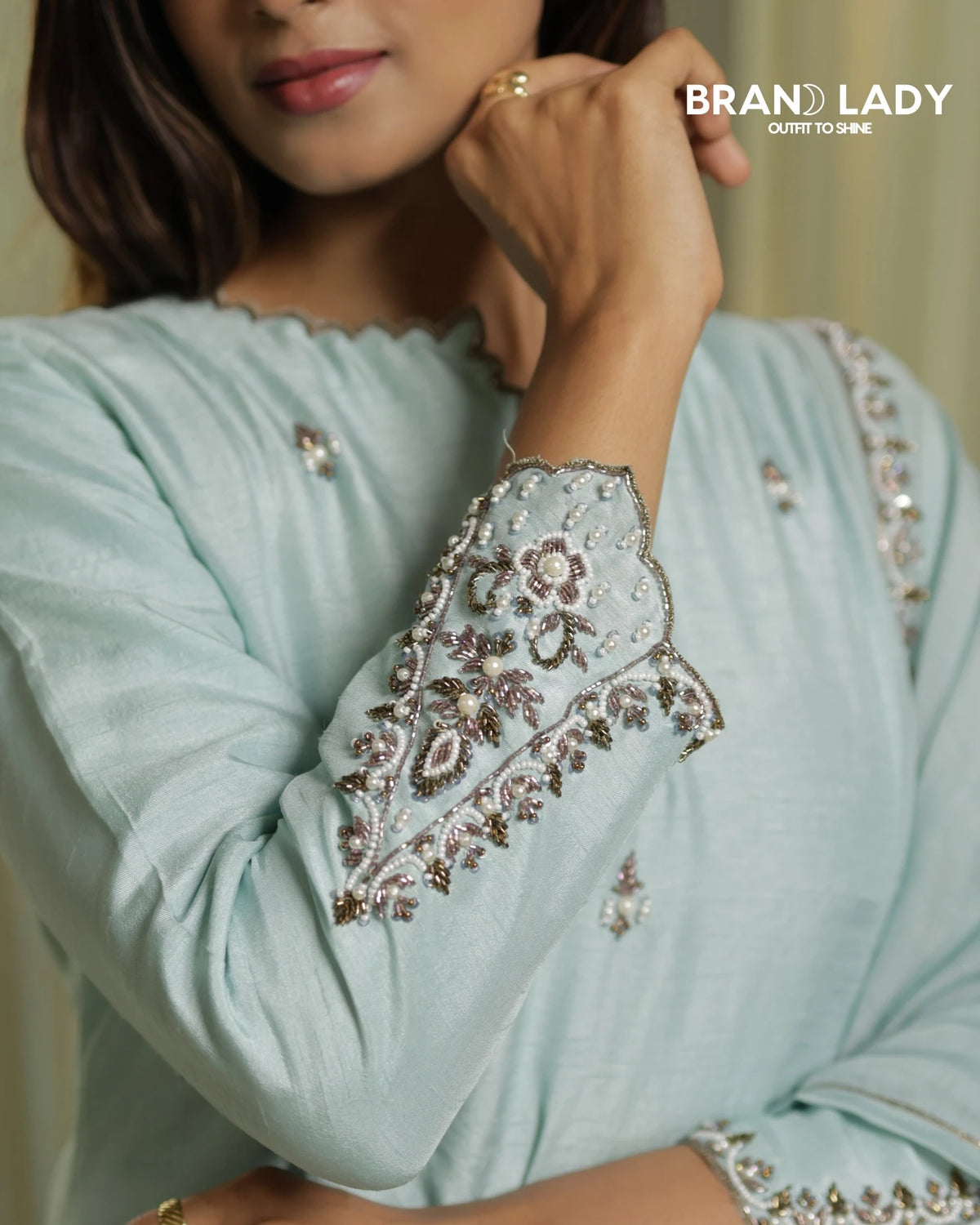Powder Blue Dola Silk Suit with Antique Gold Handwork