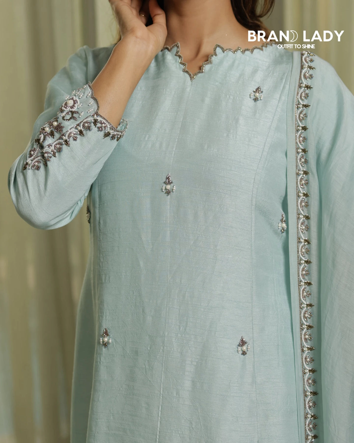 Powder Blue Dola Silk Suit with Antique Gold Handwork
