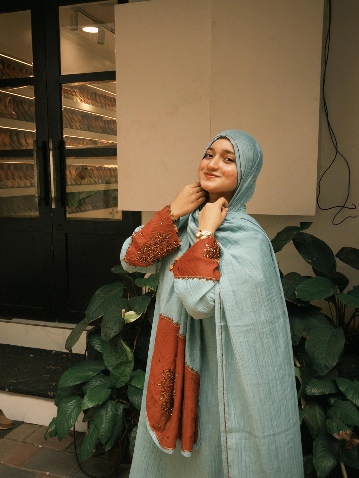 Seafoam Blue & Burnt Orange Chanderi A-line Suit with Gold & Red Handwork