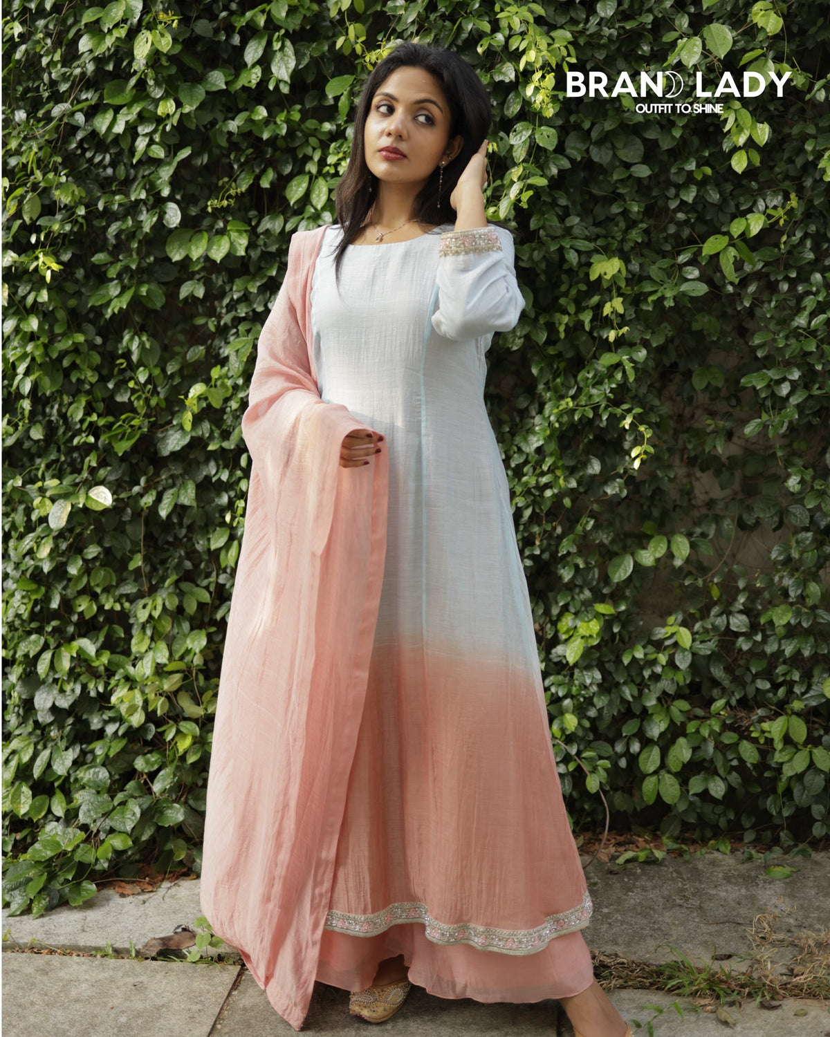Silent Grey & Peach Double-Shade Chanderi Suit with Lace Work
