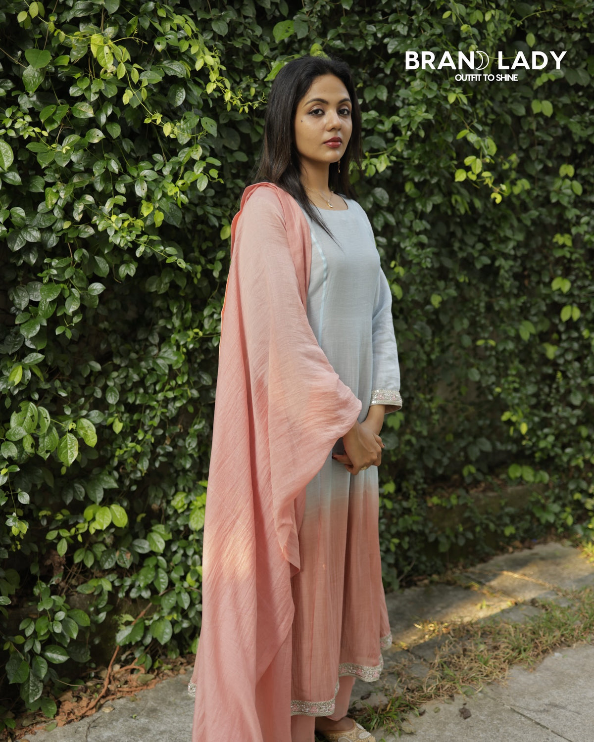 Silent Grey & Peach Double-Shade Chanderi Suit with Lace Work