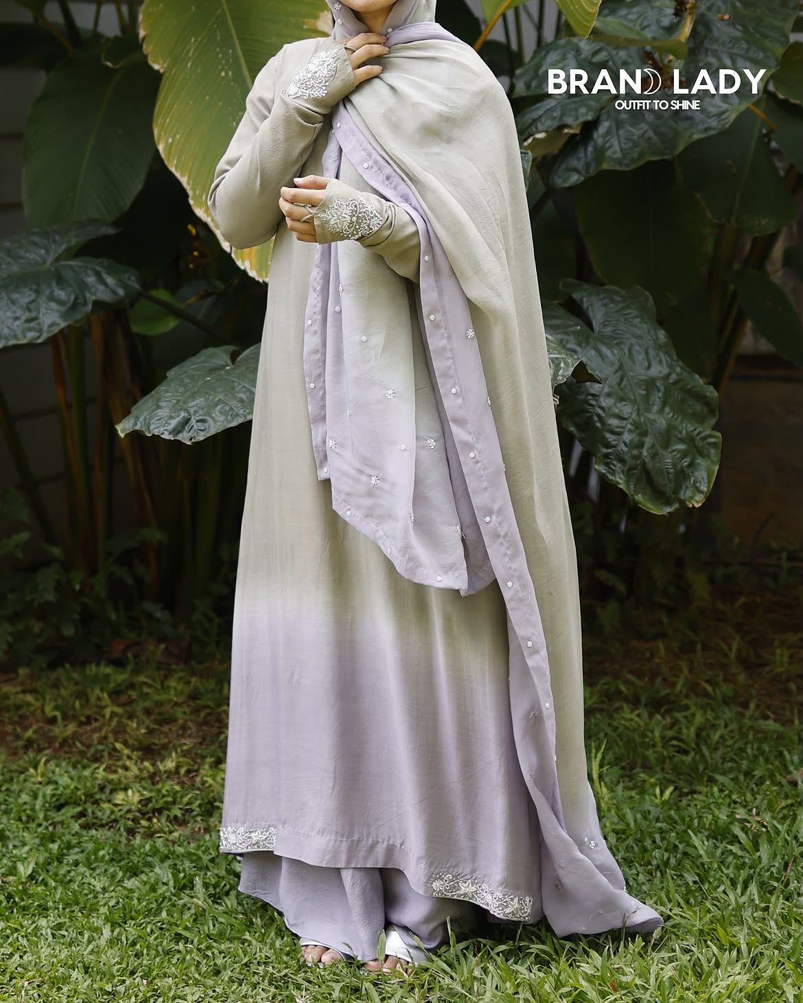 Turquenite & Lavender Fog Muslin A-line Suit with Lace Work