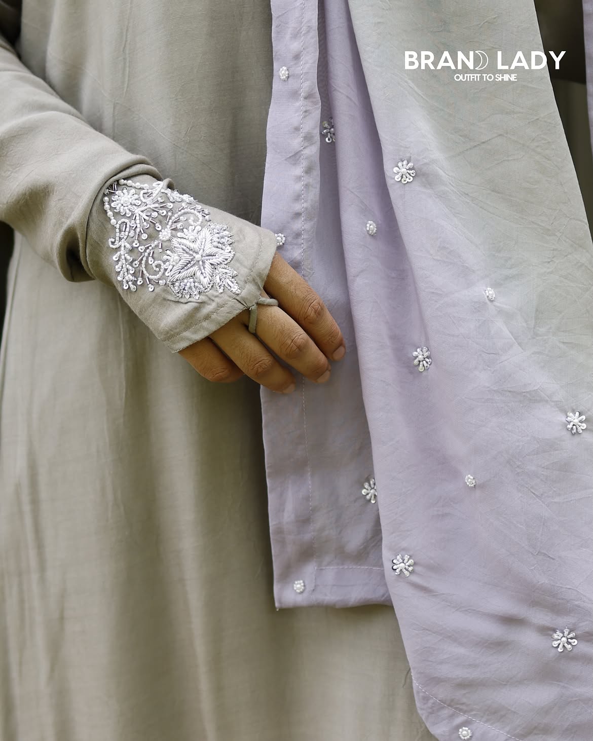 Turquenite & Lavender Fog Muslin A-line Suit with Lace Work